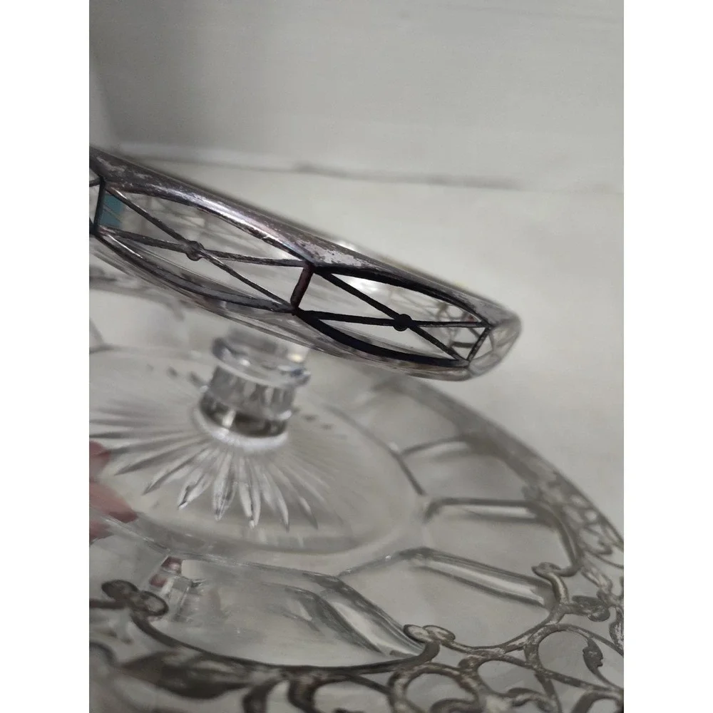 Sterling Silver Overlay Tiered Tray Cut Crystal Star Bottom Ornate Heisey Clear